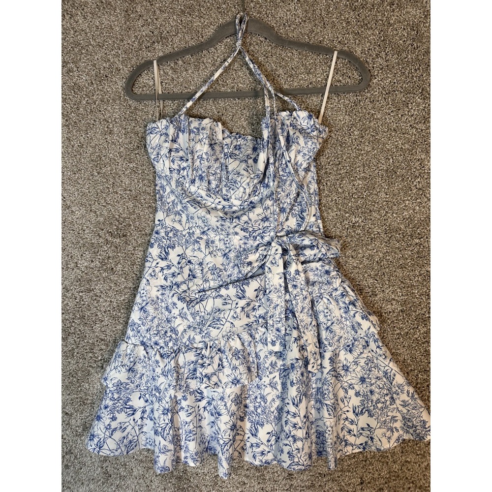 Shein Floral Halter Neck Mini Dress Size XS White Blue Ruffled Boho Flowy Summer